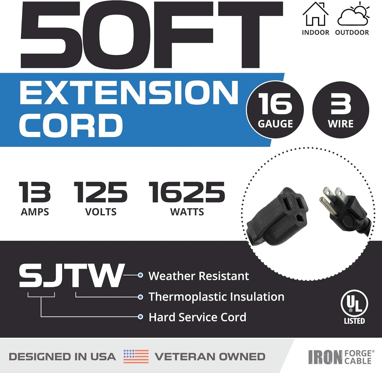 50 Ft Black Outdoor Extension Cord, 16/3, 50 Foot Outdoor Extension Cord, 3 Prong, Weatherproof - Great for outside Use