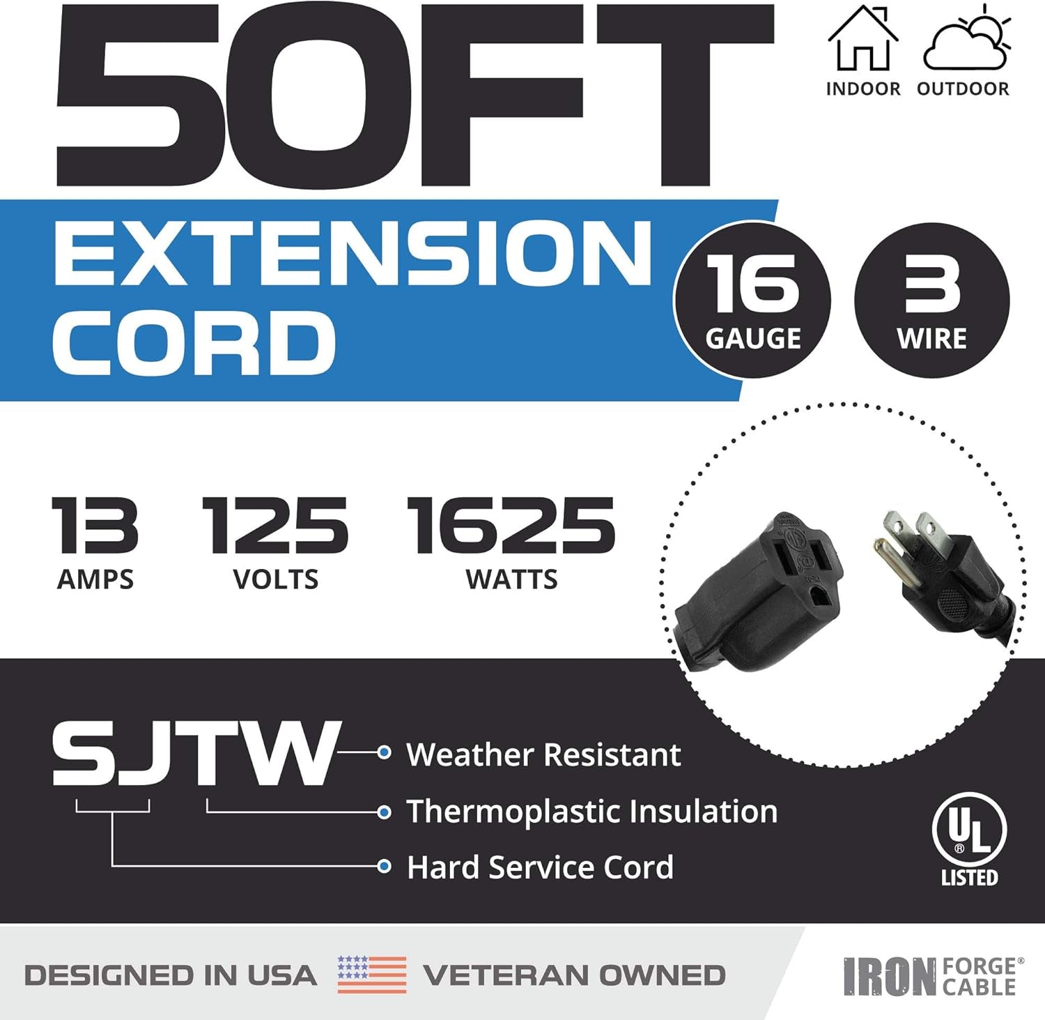 50 Ft Black Outdoor Extension Cord, 16/3, 50 Foot Outdoor Extension Cord, 3 Prong, Weatherproof - Great for outside Use
