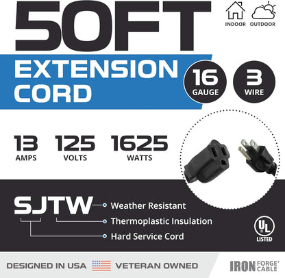 50 Ft Black Outdoor Extension Cord, 16/3, 50 Foot Outdoor Extension Cord, 3 Prong, Weatherproof - Great for outside Use